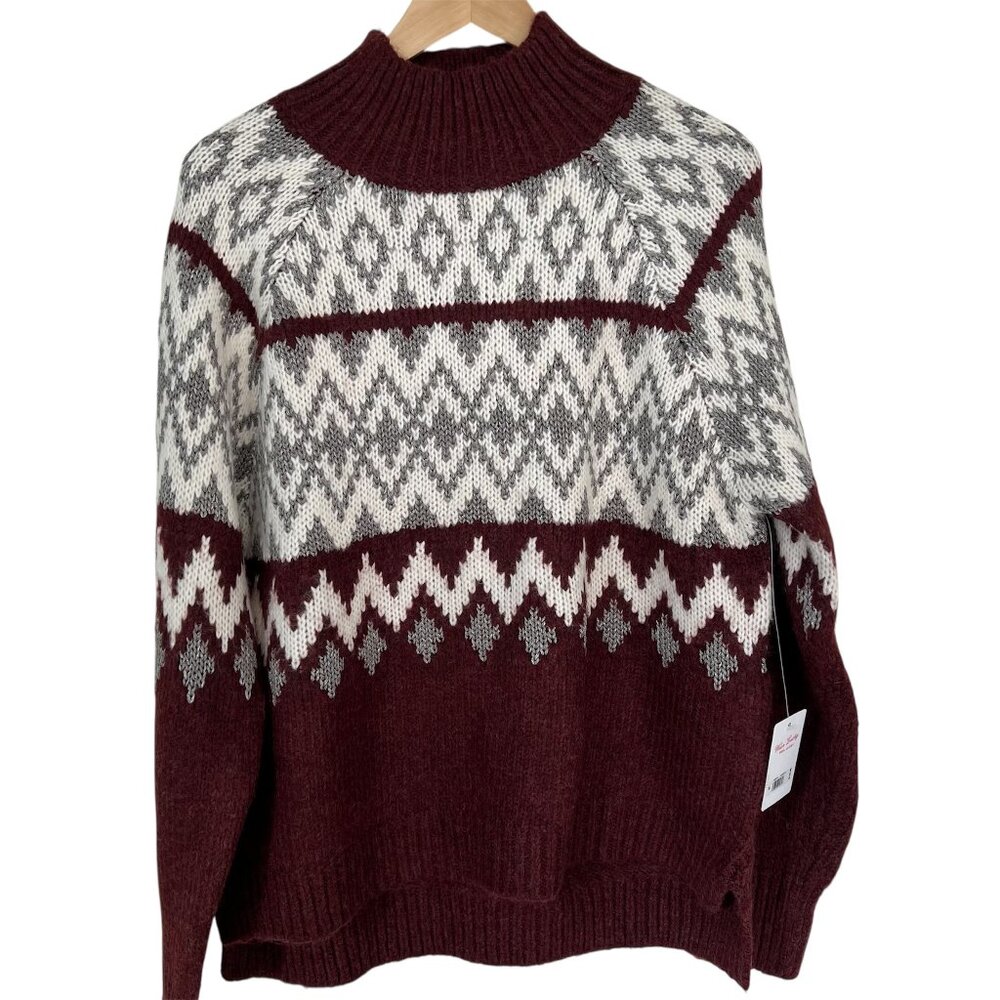 Lucky Brand Nordic Fair Isle Geometric Pattern Knit Sweater Mock Neck Women Sz M